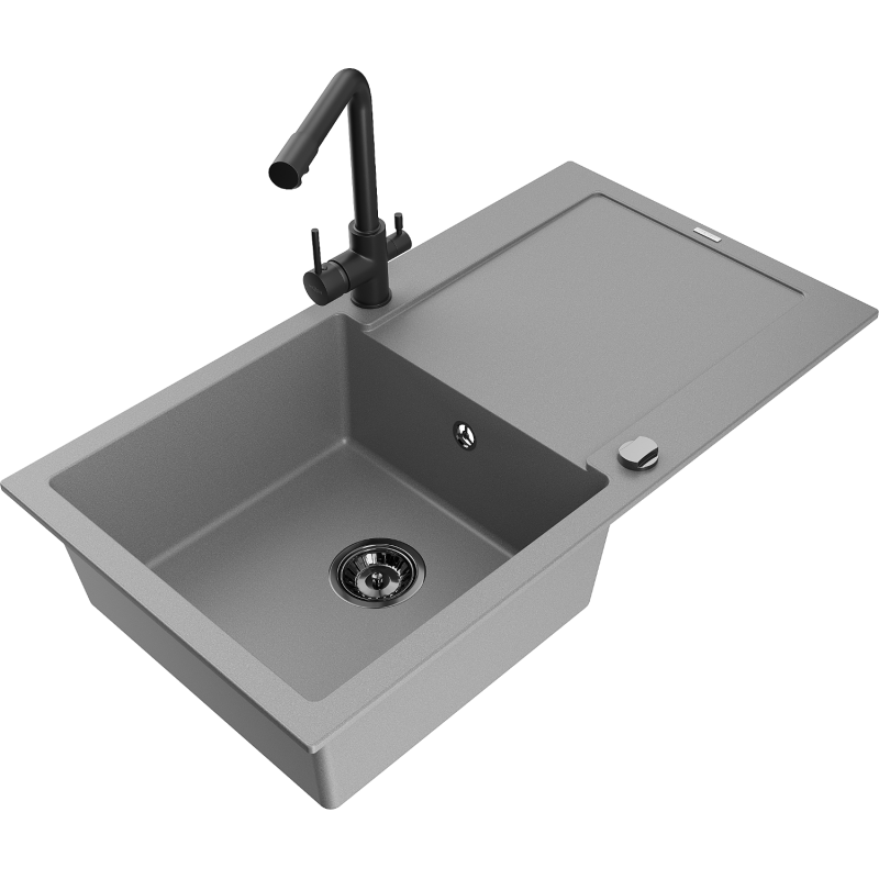 Mexen Leo granite kitchen sink 1-bowl with drainer and Duero kitchen tap, grey - 6501-71-671600-70-B