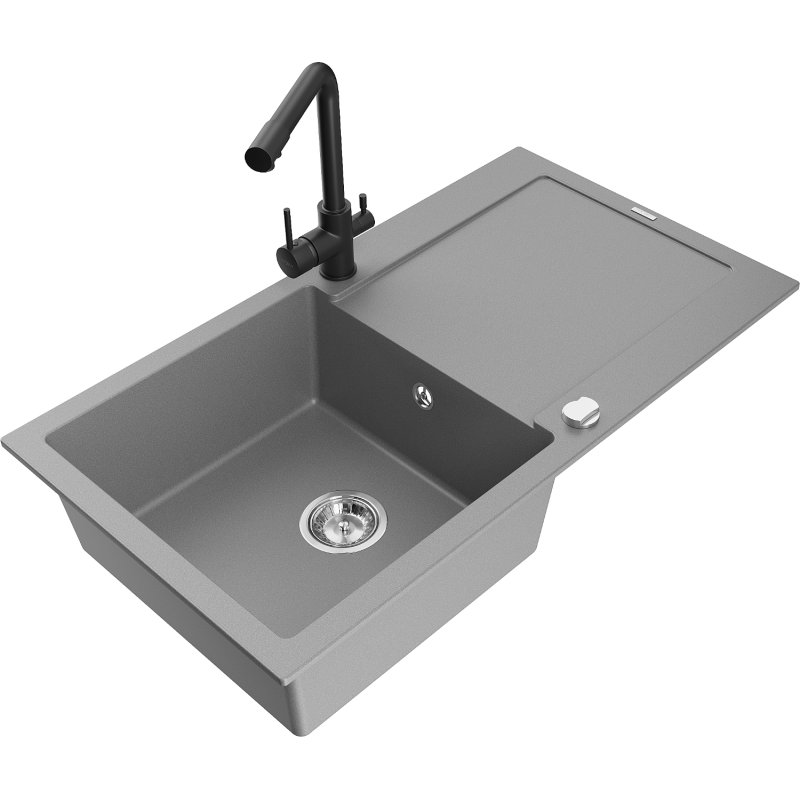 Mexen Leo évier en granit 1-cuve avec égouttoir et robinet de cuisine Duero, gris - 6501-71-671600-70