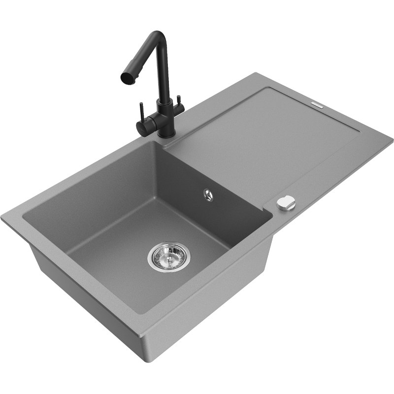 Mexen Leo fregadero de granito de 1 cámara con escurridor y grifo de cocina Duero, gris - 6501-71-671600-70