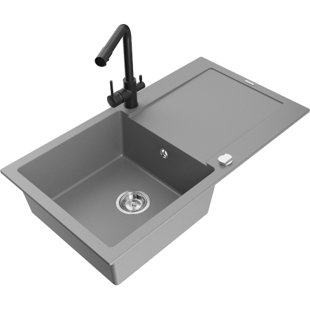Mexen Leo granīta izlietne ar vienu nodalījumu un noteku, virtuves krānu Duero, pelēka - 6501-71-671600-70