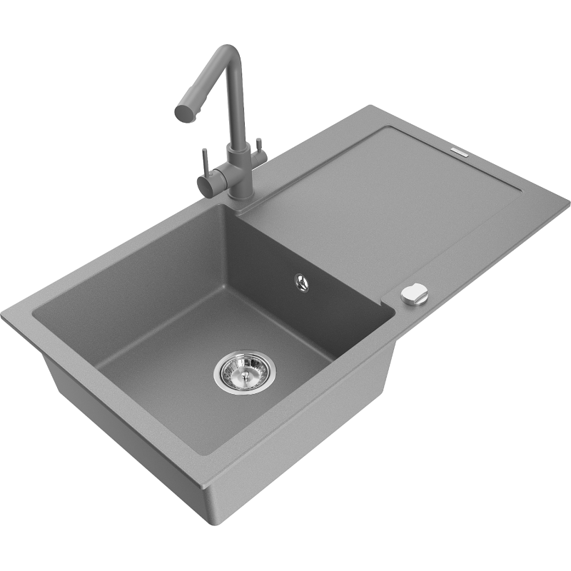 Mexen Leo fregadero de granito de 1 cubeta con escurridor y grifo de cocina Duero, gris - 6501-71-671600-71