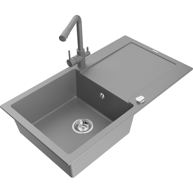 Mexen Leo fregadero de granito de 1 seno con escurridor y grifo de cocina Duero, gris - 6501-71-671600-71