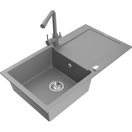 Mexen Leo granit izlietne ar 1 nodalījumu un noteces paplāti un virtuves krānu Duero, pelēks - 6501-71-671600-71