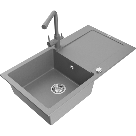 Mexen Leo granite sink 1-bowl with drainer and Duero kitchen tap, grey - 6501-71-671600-71