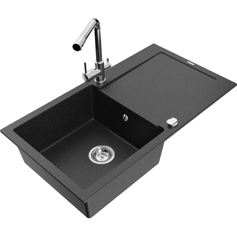 Mexen Leo fregadero de granito de 1 seno con escurridor y grifo de cocina Duero, negro/plateado metálico - 6501-73-671600-00