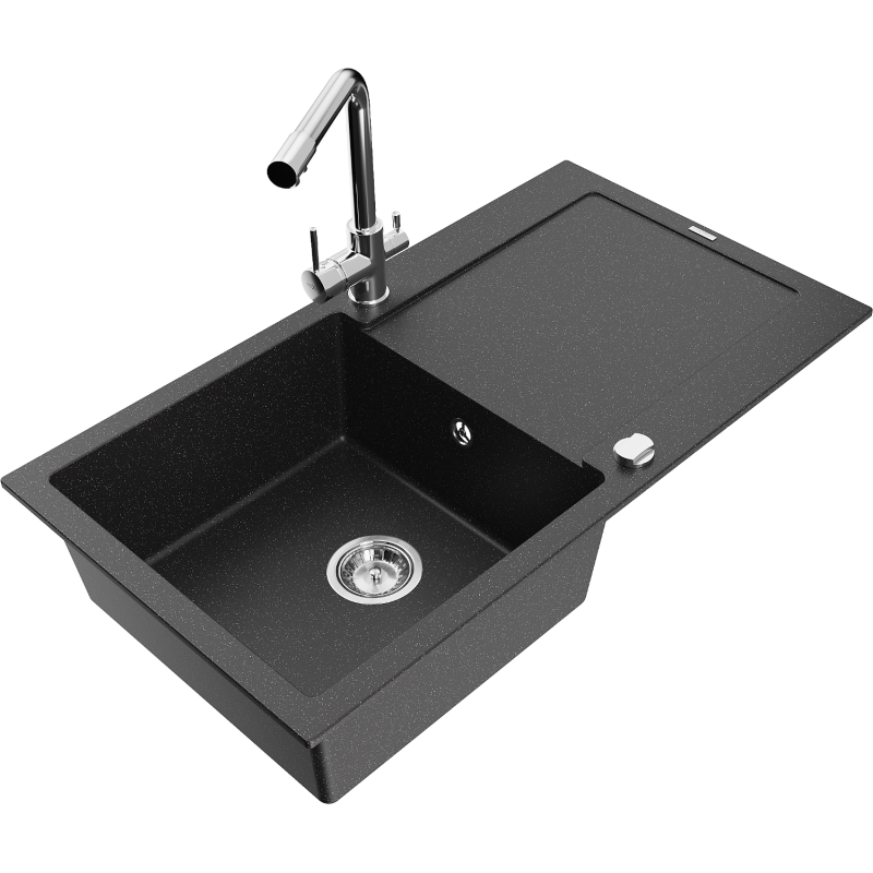 Mexen Leo lava-loiça de granito de 1 cuba com escorredor e torneira de cozinha Duero, preto/metálico prateado