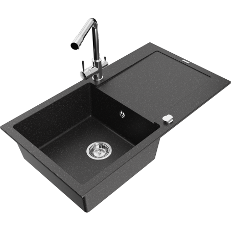 Mexen Leo fregadero de granito de 1 seno con escurridor y grifo de cocina Duero, negro/plateado metálico - 6501-73-671600-00