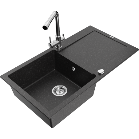 Mexen Leo lavabo in granito a 1 vasca con sgocciolatoio e miscelatore cucina Duero, nero/metallo argento - 6501-73-671600-00