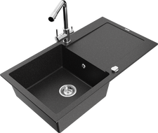 Mexen Leo granieten gootsteen 1-komor met afdruiprek en keukenkraan Duero, zwart/zilver metallic - 6501-73-671600-00