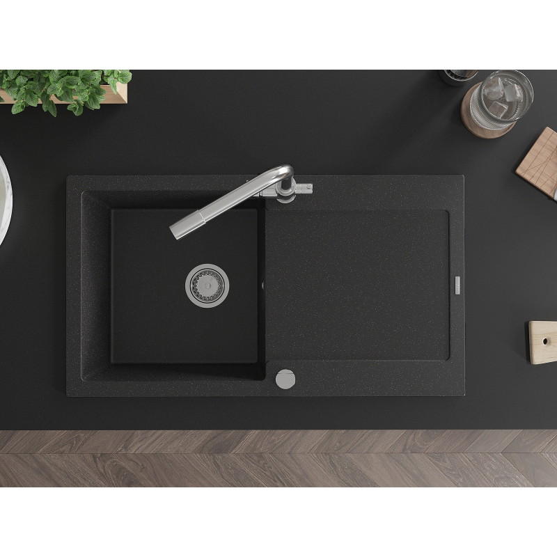 Mexen Leo granit gootsteen 1-komoors met afdruiprek en keukenmengkraan Duero, zwart/zilveren metallic - 6501-73-671600-00