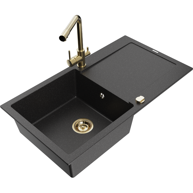 Mexen Leo granite sink 1-bowl with drainer and Duero kitchen tap, black/silver metallic - 6501-73-671600-50