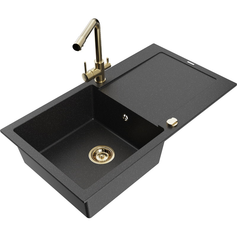 Mexen Leo granitische spoelbak met 1 bak en afdruipblad en keukenmengkraan Duero, zwart/zilver metallic - 6501-73-671600-50