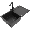 Mexen Leo 1-bowl granite sink with drainer and Duero kitchen tap, black/silver metallic - 6501-73-671600-70-B
