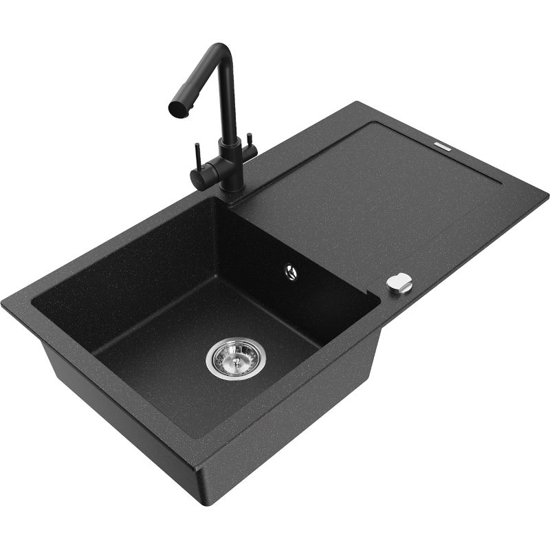 Mexen Leo granieten gootsteen 1-kom. met afdruiprek en keukenkraan Duero, zwart/zilver metallic - 6501-73-671600-70