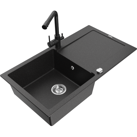 Mexen Leo 1-bowl granite sink with drainer and Duero kitchen tap, black/silver metallic - 6501-73-671600-70