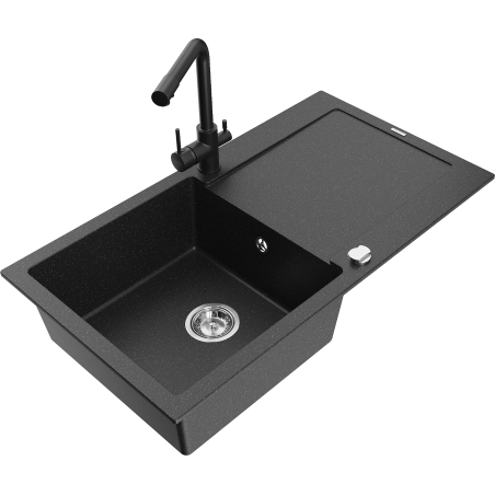 Mexen Leo fregadero de granito de 1 seno con escurridor y grifo de cocina Duero, negro/metálico plateado - 6501-73-671600-70
