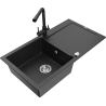 Mexen Leo 1-bowl granite sink with drainer and Duero kitchen tap, black/silver metallic - 6501-73-671600-70