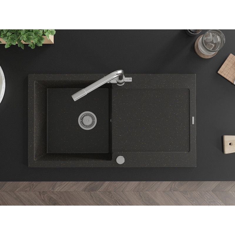 Mexen Leo 1-bowl Granite Sink with Drainer and Duero Kitchen Tap, Black/Gold Metallic - 6501-75-671600-00