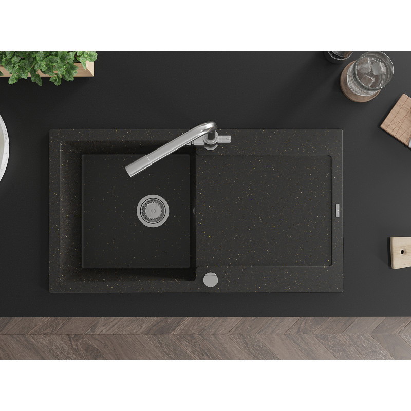 Mexen Leo granit gootsteen 1-komor met afdruiprek en keukenkraan Duero, zwart/gouden metallic - 6501-75-671600-00