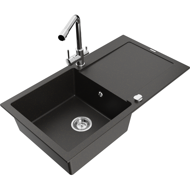Mexen Leo lavello in granito 1 vasca con sgocciolatoio e rubinetto da cucina Duero, nero/metallo dorato - 6501-75-671600-00