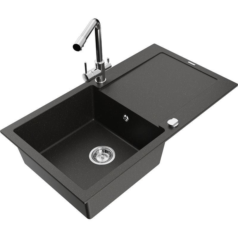 Mexen Leo lavello in granito a 1 vasca con scolapiatti e rubinetto da cucina Duero, nero/oro metallico - 6501-75-671600-00