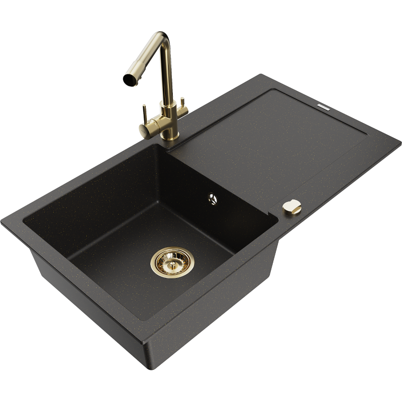Mexen Leo granitdiskbänk 1-fack med avrinningsyta och köksblandare Duero, svart/guld metallisk - 6501-75-671600-50
