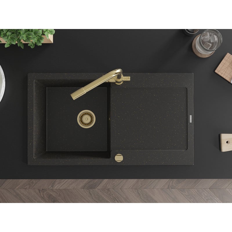 Mexen Leo granitdiskbänk 1-fack med avrinningsyta och köksblandare Duero, svart/guld metallisk - 6501-75-671600-50