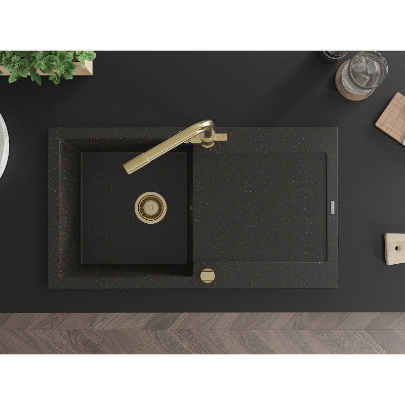 Mexen Leo granite sink 1-bowl with drainer and Duero kitchen tap, black/gold metallic - 6501-75-671600-50