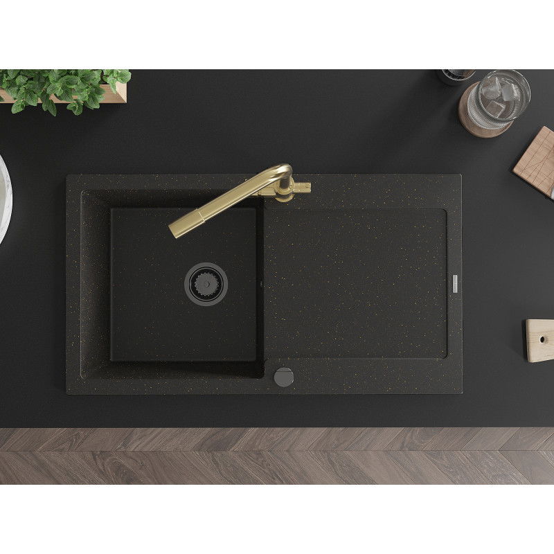 Mexen Leo granitizlietne ar 1 nodalījumu un izliešanas paneli, ar virtuves ūdenskrānu Duero, melna/zelta metālika