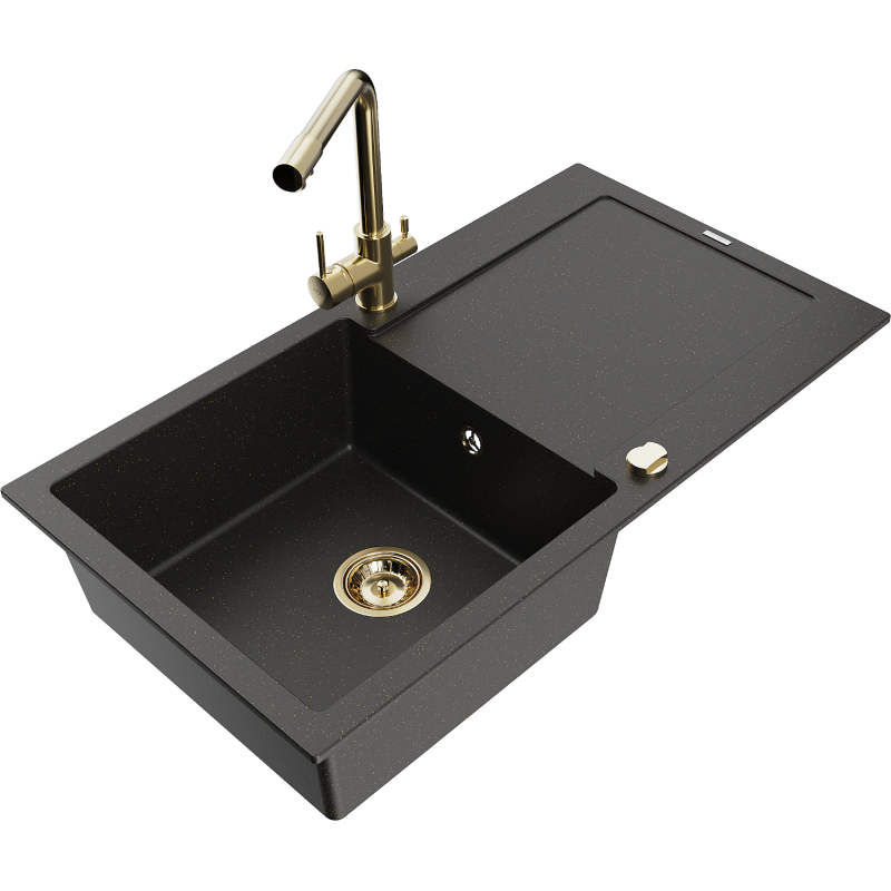 Mexen Leo fregadero de granito de 1 cubeta con escurridor y grifo de cocina Duero, negro/dorado metálico - 6501-75-671600-50-B
