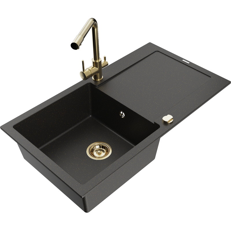 Mexen Leo fregadero de granito de 1 cubeta con escurridor y grifo de cocina Duero, negro/metálico oro - 6501-75-671600-50-B