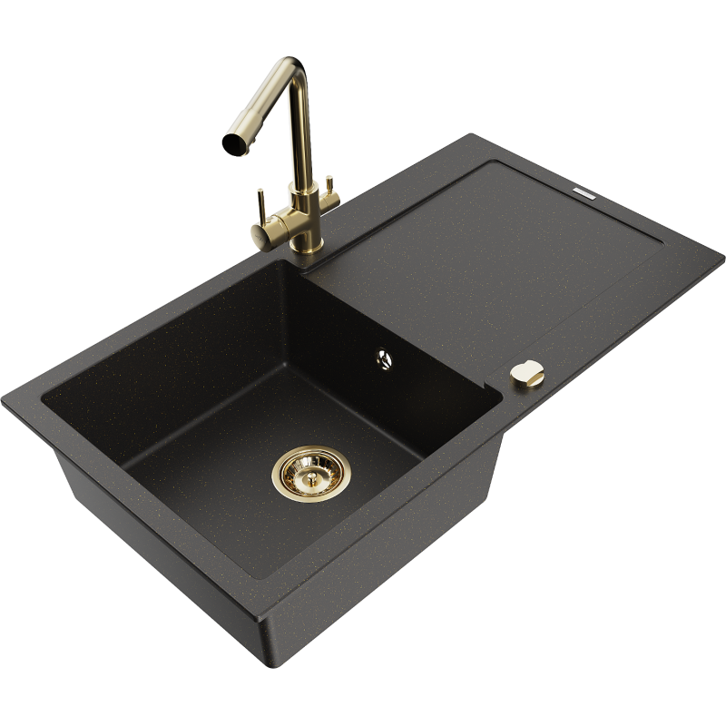 Mexen Leo granite sink 1-bowl with drainer and Duero kitchen tap, black/gold metallic - 6501-75-671600-50-B