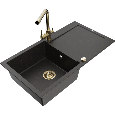 Mexen Leo granitizlietne ar 1 nodalījumu un izliešanas paneli, ar virtuves ūdenskrānu Duero, melna/zelta metālika