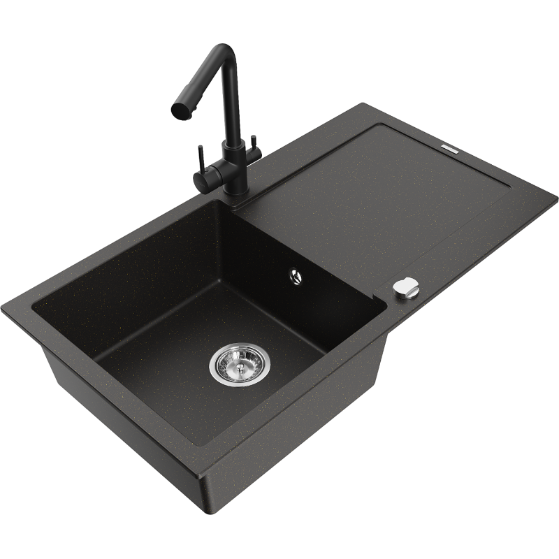 Mexen Leo granitdiskho med 1 kammare med avrinningsyta och köksblandare Duero, svart/guld metallic - 6501-75-671600-70
