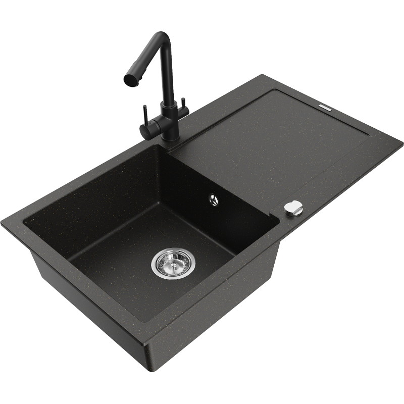Mexen Leo granitische gootsteen met 1 spoelbak, afdruiprek en keukenkraan Duero, zwart/goud metallic - 6501-75-671600-70
