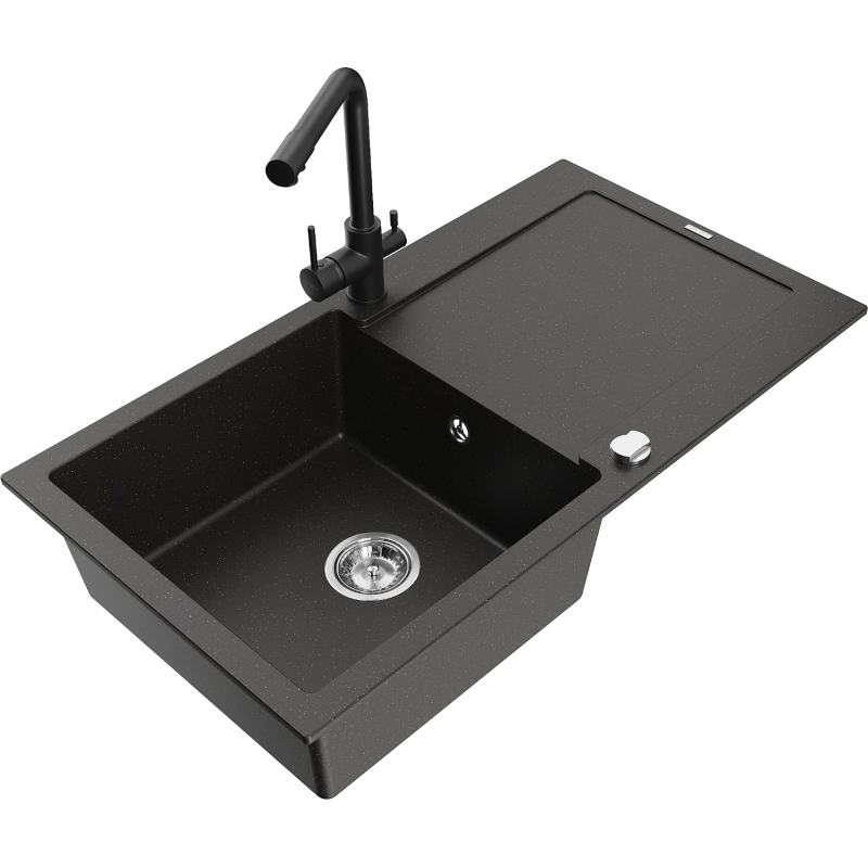 Mexen Leo lavello in granito a 1 vasca con gocciolatoio e rubinetto cucina Duero, nero/oro metallizzato - 6501-75-671600-70