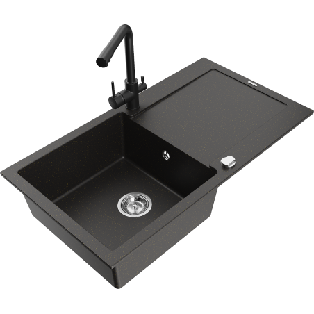 Mexen Leo lavello in granito a 1 vasca con gocciolatoio e rubinetto cucina Duero, nero/oro metallizzato - 6501-75-671600-70