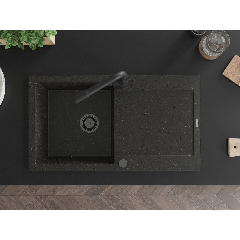 Mexen Leo granitno pomivalno korito z eno posodo, odkapnikom in kuhinjsko armaturo Duero, črna/zlata kovinska