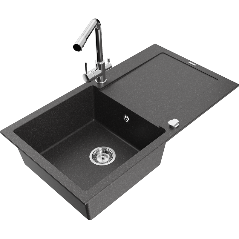 Mexen Leo fregadero de granito de 1 cubeta con escurridor y grifo de cocina Duero, negro moteado - 6501-76-671600-00