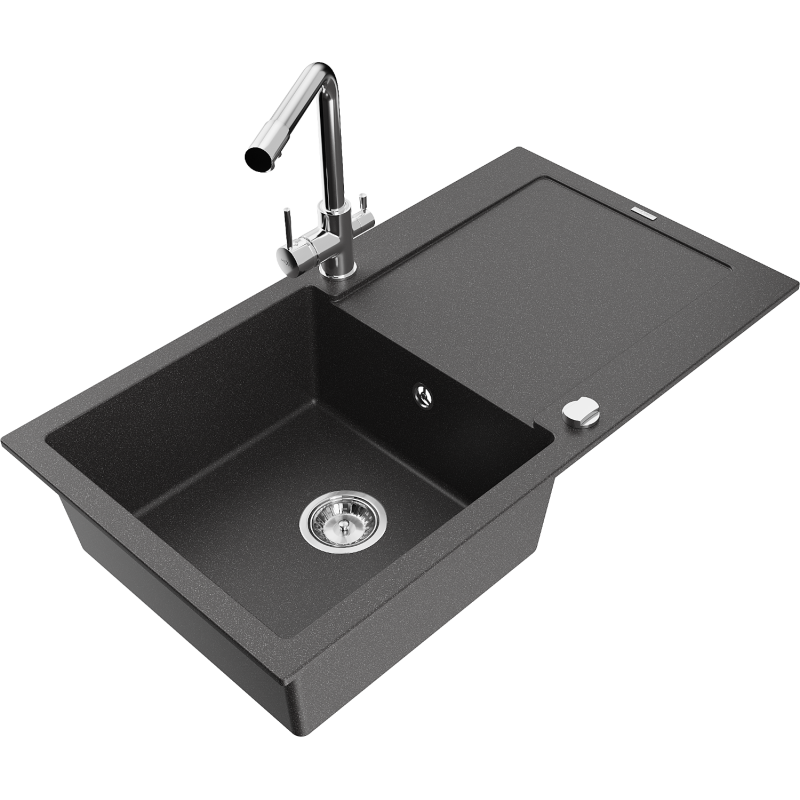 Mexen Leo granite kitchen sink 1-bowl with drainer and Duero kitchen tap, speckled black - 6501-76-671600-00