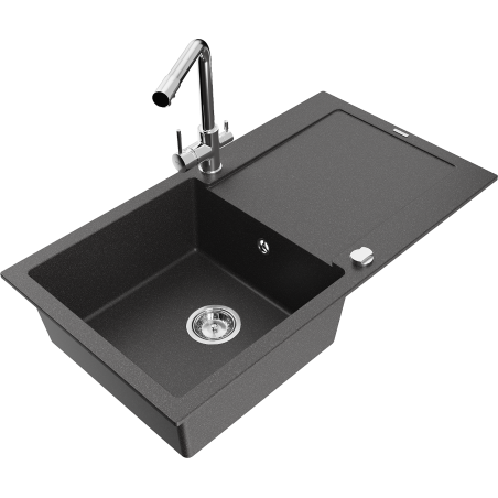 Mexen Leo fregadero de granito de 1 seno con escurridor y grifo de cocina Duero, negro moteado - 6501-76-671600-00