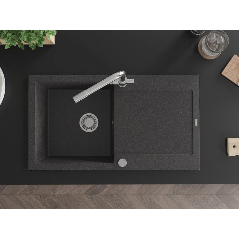 Mexen Leo fregadero de granito de 1 cubeta con escurridor y grifo de cocina Duero, negro moteado - 6501-76-671600-00