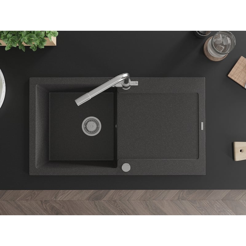 Mexen Leo fregadero de granito de 1 seno con escurridor y grifo de cocina Duero, negro moteado - 6501-76-671600-00