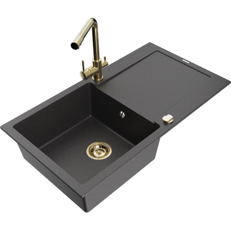 Mexen Leo fregadero de granito de 1 compartimento con escurridor y grifo de cocina Duero, negro moteado - 6501-76-671600-50