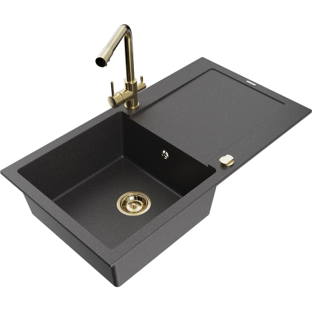 Mexen Leo granite kitchen sink 1-bowl with drainer and Duero kitchen tap, black speckled - 6501-76-671600-50