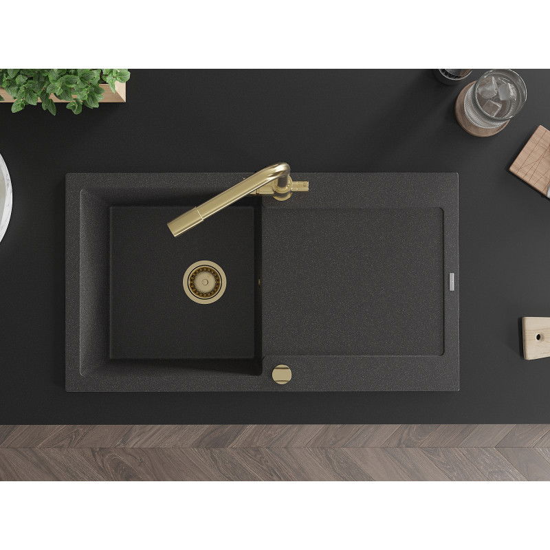 Mexen Leo granite kitchen sink 1-bowl with drainer and Duero kitchen tap, black speckled - 6501-76-671600-50