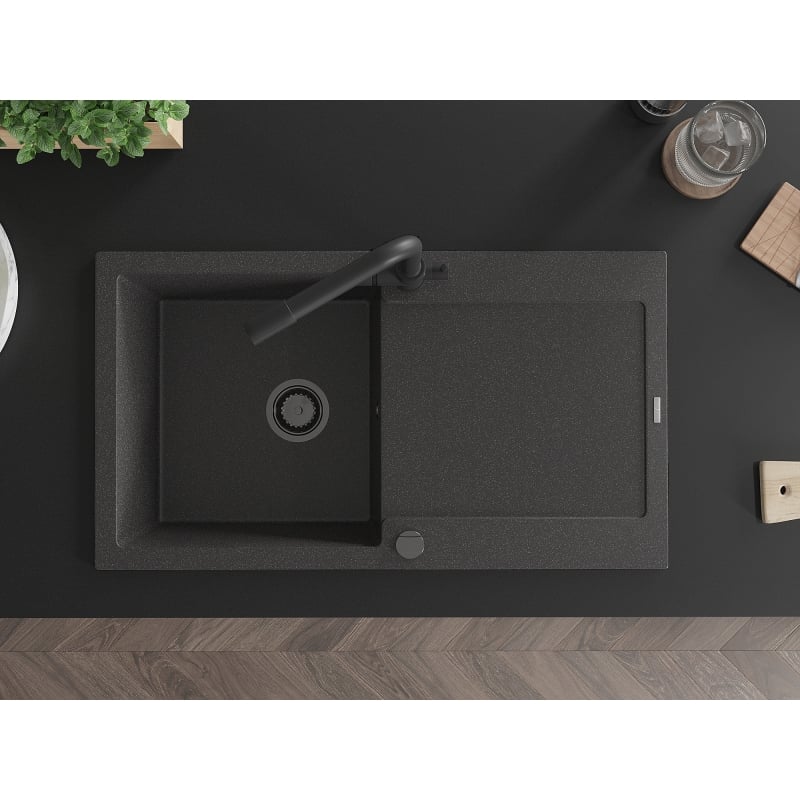 Mexen Leo single bowl granite sink with drainer and Duero kitchen faucet, black speckled - 6501-76-671600-70-B