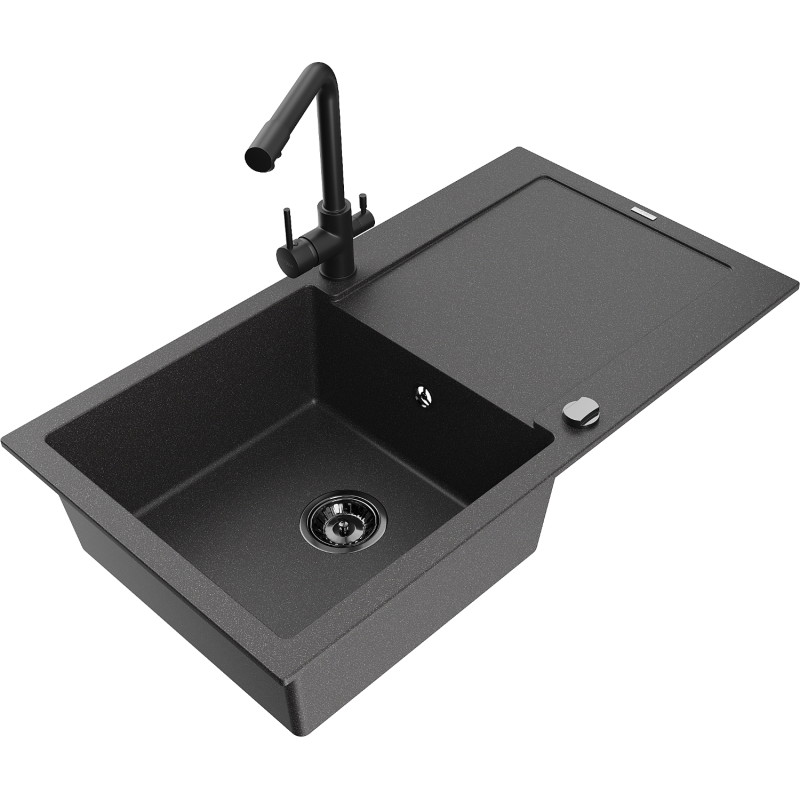 Mexen Leo fregadero de cocina de granito 1-cubeta con escurridor y grifo de cocina Duero, negro moteado - 6501-76-671600-70-B