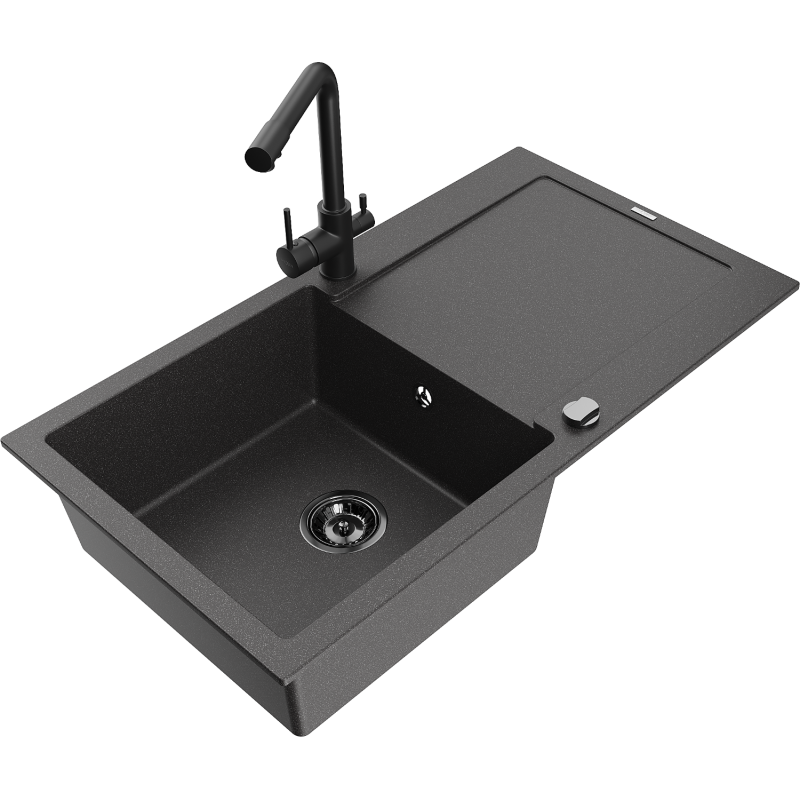 Mexen Leo granite sink 1-bowl with drainer and Duero kitchen tap, black speckled - 6501-76-671600-70-B