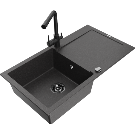 Mexen Leo granite sink 1-bowl with drainer and Duero kitchen tap, black speckled - 6501-76-671600-70-B